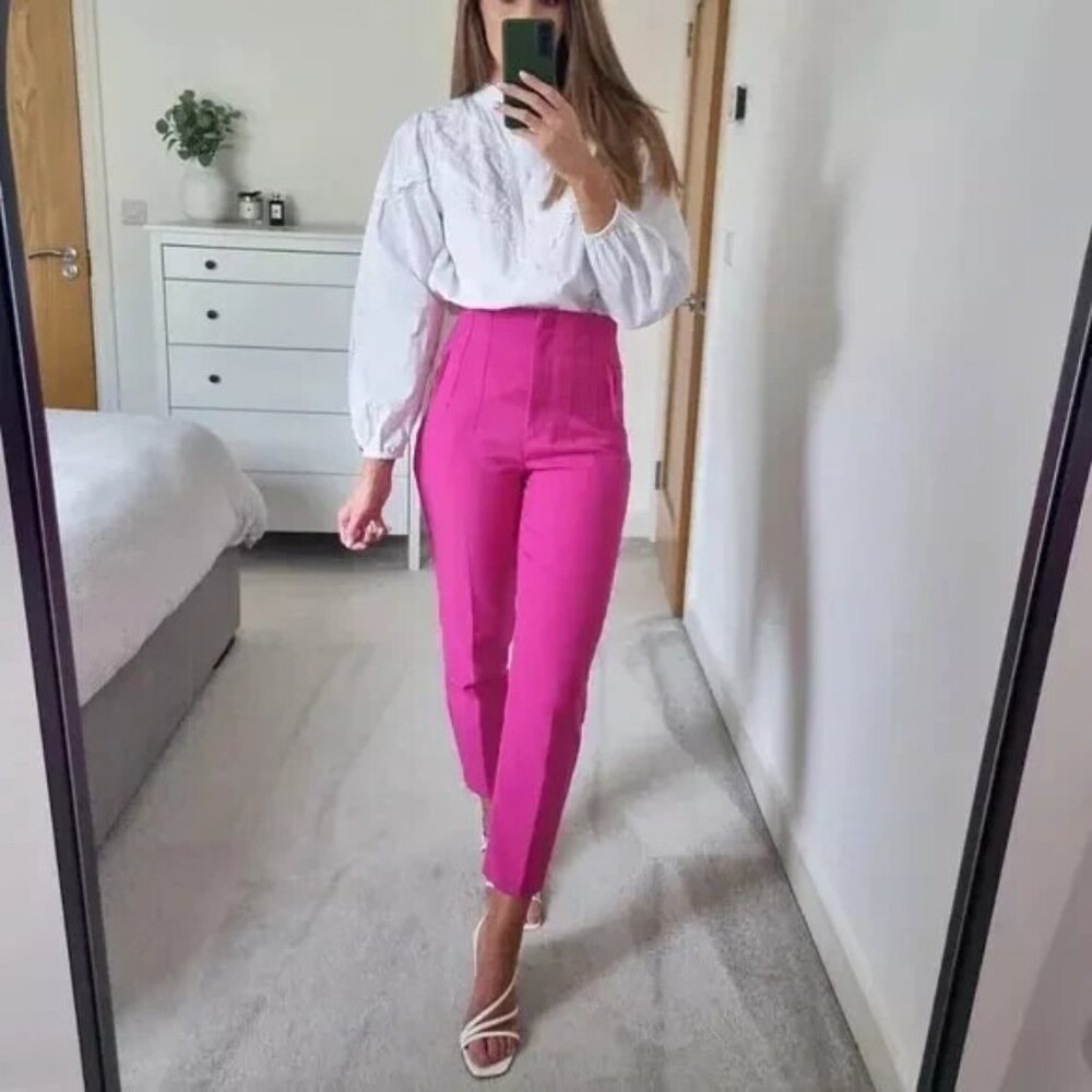 Zara Ankle Trouser Pants Pink FUCHSIA Women's Size XL Pleated Front Pockets